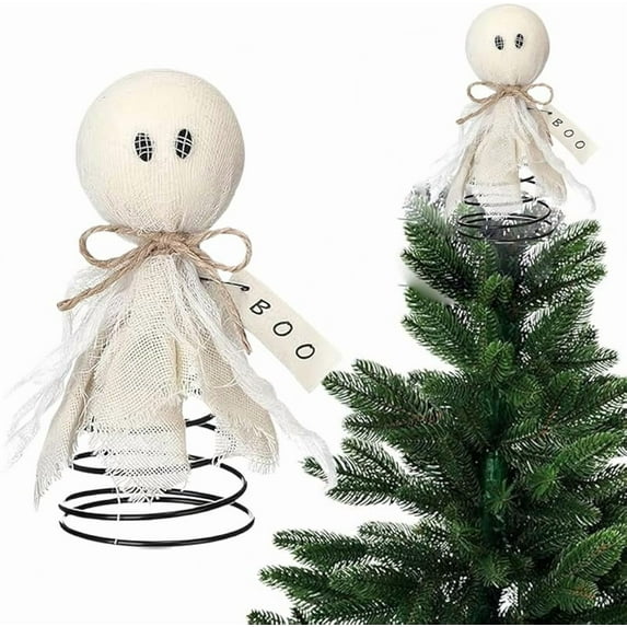 Halloween Crow Mini Tree Topper,6.3 Inches Spooky Halloween Tree Ornaments,White Ghost Miniature Tree Topper,Miniature Christmas Treetops Ornaments for Holiday Party Favors Supplies Decor