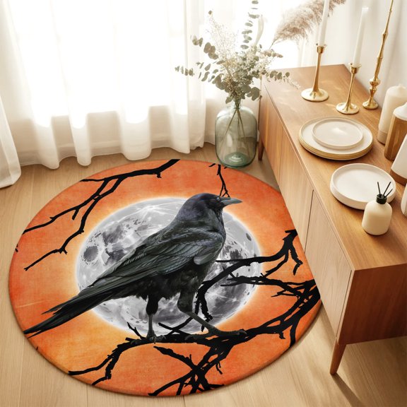 Halloween Crow Moon Orange Gradient Round Area Rug 3ft,Living Room Rug Non-Slip Washable Circle Rugs Pad,Dead Branches Soft Floor Carpet for Bedroom Dining Room