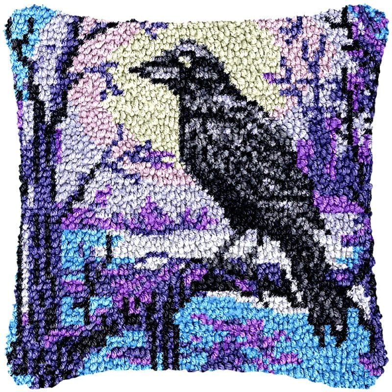 Halloween Crow Night Latch Hook Pillow Cover Kits for DIY Handmade Throw Pillow Cross Stitch Latch Hook Pillowcase Rug Kits with Preprinted Color Pattern Canvas Crochet Yarn Kits 17''X 17''(ch71)