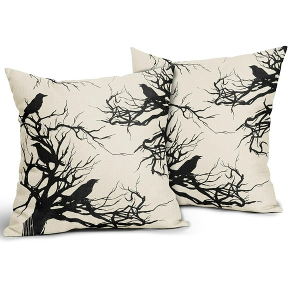 Halloween Crow Pillow Covers 18x18 Set of 2 Black Cream Tree Horror Themed Style Decorative Outdoor Pillowcases Farmhouse Holiday Throw Cushion Case Decor for Home Couch Sofa Bed