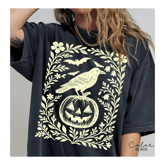 Halloween Crow Pumpkin Shirt, Jack O Lantern, Boho Cottagecore Shirt, Floral Halloween,Halloween Party