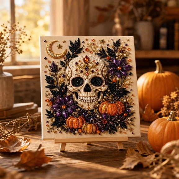 Halloween Crow Pumpkin Witch Floral Diamond Art Pearl Kit, Cute Diamond 3d Pearl Art Set Diy Ghost Craft Set for Fall Halloween Home Table Shelf Decor Party Holiday Handmade Ornament Making Supplies