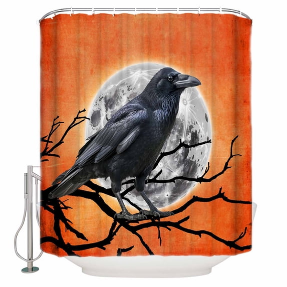Halloween Crow Shower Curtain Set ,Waterproof Fabric Shower Curtains Moon Branches Orange Classic Retro Art Shower Curtains for Bathroom,Bathroom Decor 72"x72"