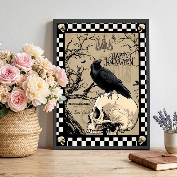 Halloween Crow Skull Head Canvas Wall Art for Living Room, Retro Text Plaid Texture Poster Print Painting for Bedroom Office Home Decoration Wall Pictures Prepare To Hang 8"x12"