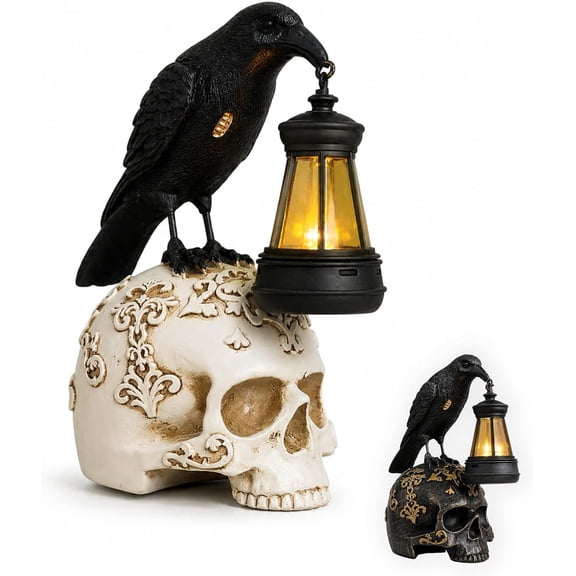 Halloween Crow Skull Lamp, Gothic Skeleton Night Light Handcrafted Resin Decor For Party Home (1PC)