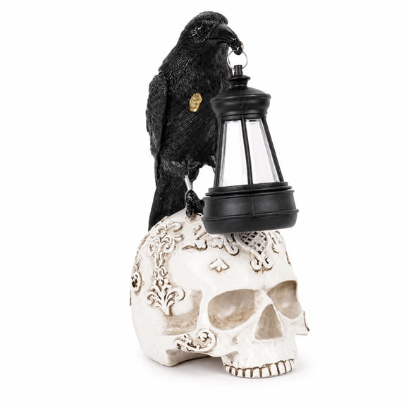 Halloween Crow Skull Resin Figurine Solar-Powered Spooky Decor for Desktop and Garden