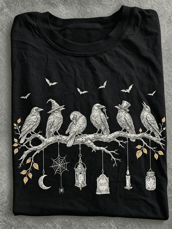 Halloween Crow T-Shirt, Boo Tombstone Moon Bats Graphic Tee