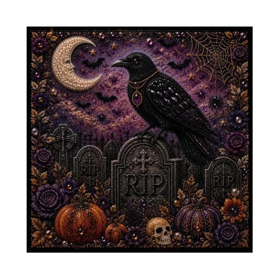 Halloween Crow Tombstone 3D Pearl Diamond Painting Kit, DIY Special Shape Crystal Diamond Art, Gothic Raven Skull Canvas Set for Holiday Home Decor 25x25cm