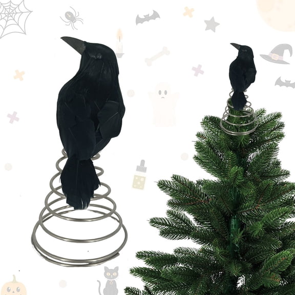 Halloween Crow Tree Topper Spooky Realistic Faux Feather Ornament, Spring-Loaded Base Secure Miniature Decor, Ideal for Holiday Party Tabletop Christmas Tree