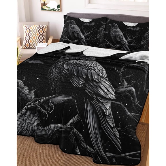 Halloween Crow Twin Size Down Alternative Comforter, Lightweight Comforter Quilt Bedding Set with Pillow Shams Horror Night Moon Black Tree Branch All Seasons Bed Comforter Duvet Insert 68"x86"