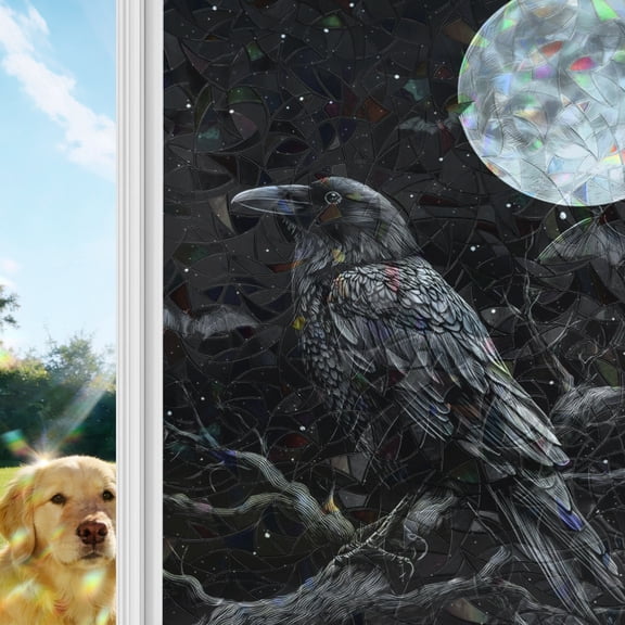 Halloween Crow Window Privacy Film Stain Glass,Reusable Decorative Rainbow Window Film,Horror Night Moon Black Tree Branch Static Cling Sun Blocking Stickers Decals Covers 17.7" x 39.3" (2pcs)