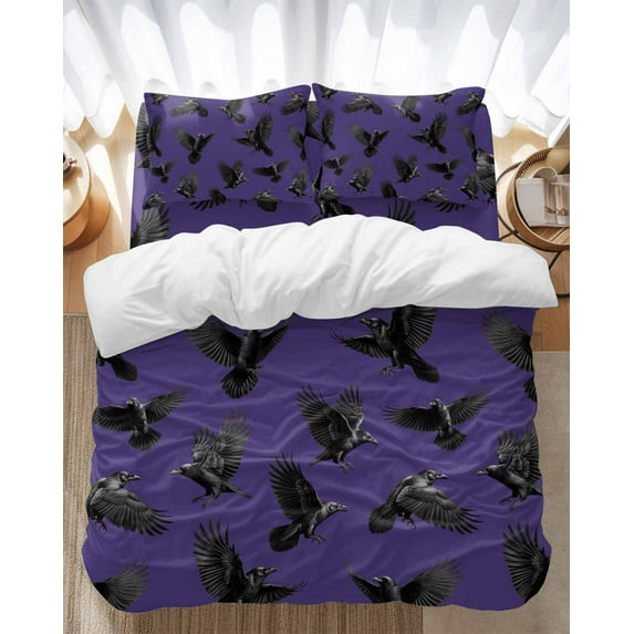 Halloween Crows Bedding Duvet Cover Set Full Size 4 Pieces Retro Classic Watercolor Art Purple Texture Bedding Set with Zipper Closure, 1 Comforter Cover 86x86 Inches 1 Flat Sheet & 2 Pillow Cases