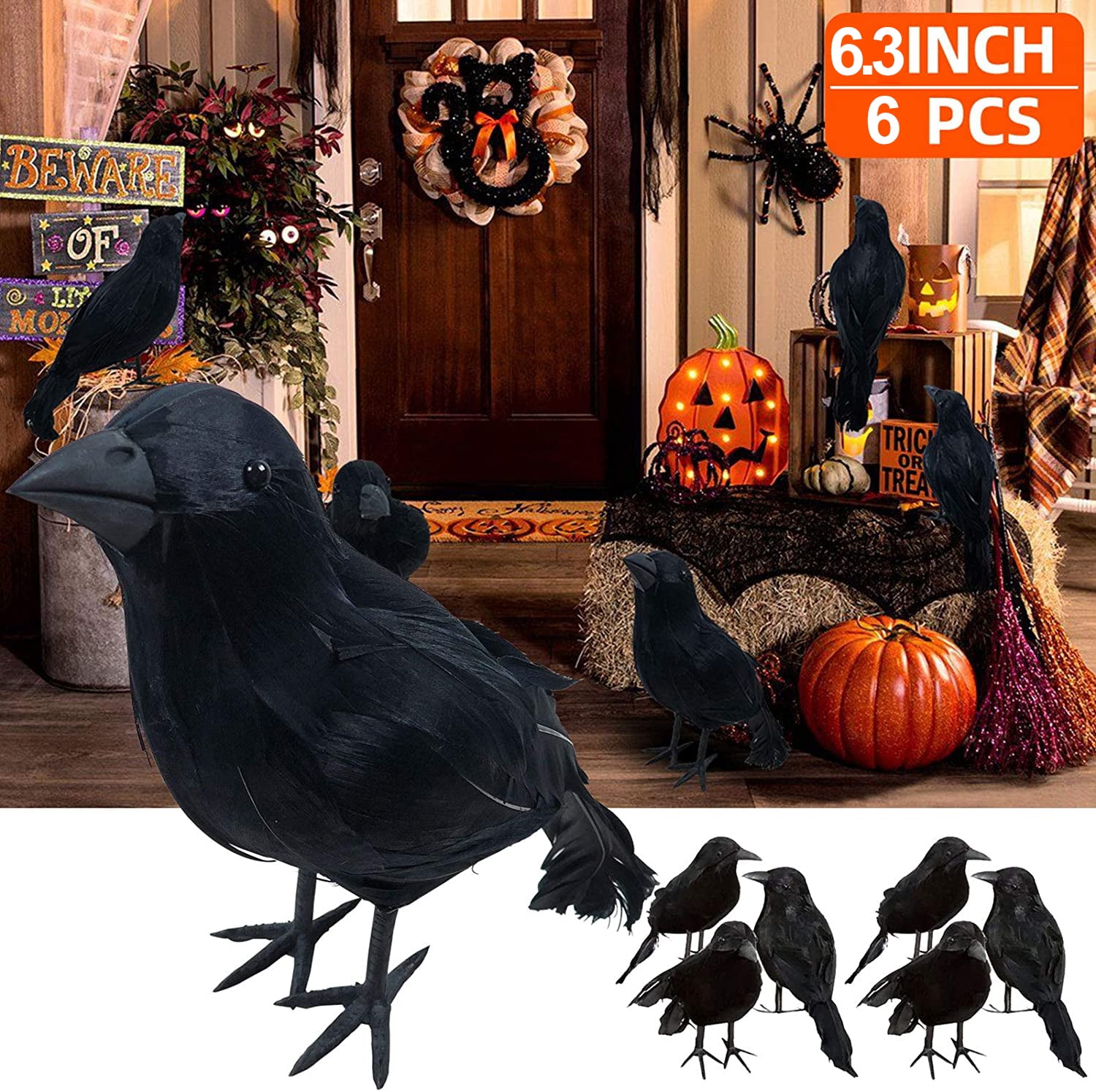 Halloween Crows, LONGRV 6 PCS 6.3 Inch Halloween Black Feathered Crows Black Birds Ravens for Halloween Decoration