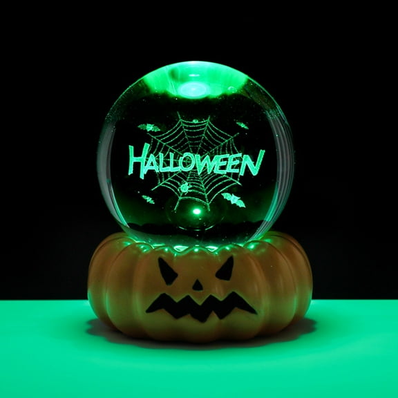 Halloween Ball Night Light 3D LED Pumpkin Base with Glowing Glass Ball Decor Scary Resin Stand for Bedroom Party Centerpiece Indoor Table Decorations