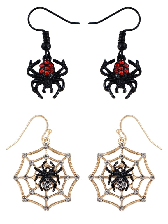 Halloween Crystal Rhinestones Spider Black Earrings Dangle Drop Witch Earrings Festival Bat Jewelry, 2 Pairs,