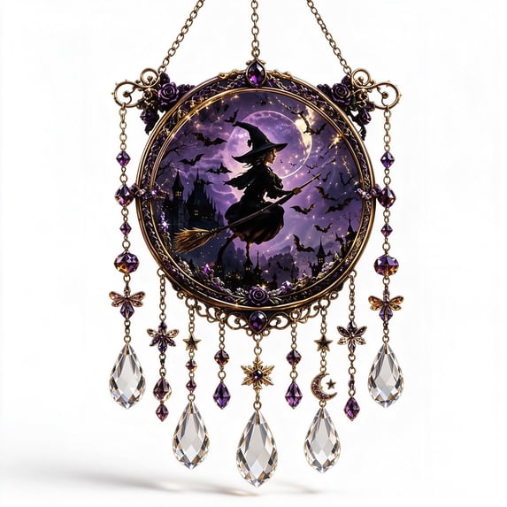 Halloween Crystal Wind Chime, Lightweight Acrylic Build, Silent Swaying Beads, Spooky Motif, Easy Window Wall Hanging (Witch)