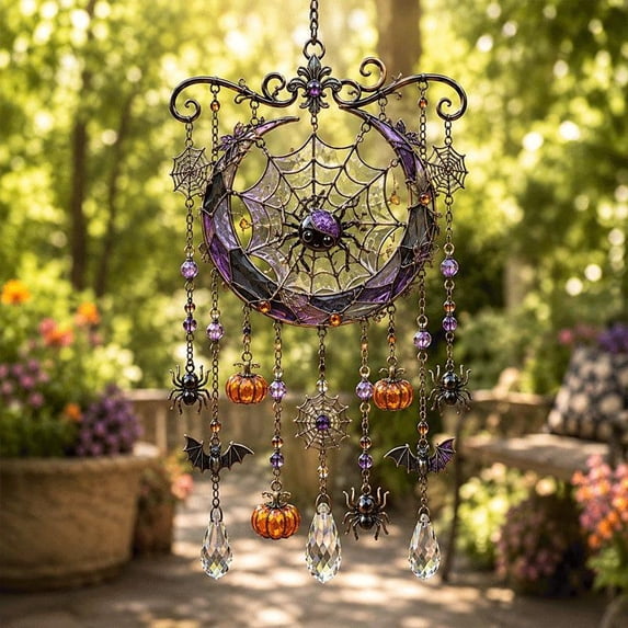 Halloween Crystal Wind Chime, Stained Glass Style Ghost and Witch Hanging Suncatcher, Acrylic Window Decoration for Fall Porch, Garden, and Outdoor Display