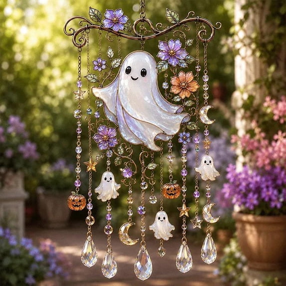 Halloween Crystal Wind Chime, Stained Glass Style Ghost and Witch Hanging Suncatcher, Acrylic Window Decoration for Fall Porch, Garden, and Outdoor Display