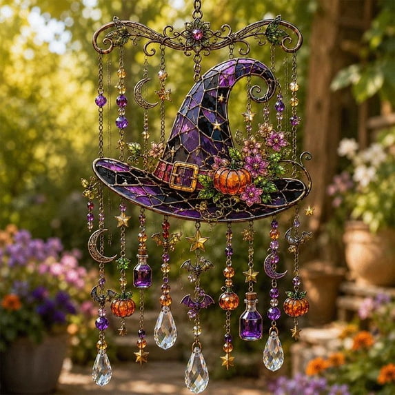 Halloween Crystal Wind Chime, Stained Glass Style Ghost and Witch Hanging Suncatcher, Acrylic Window Decoration for Fall Porch, Garden, and Outdoor Display