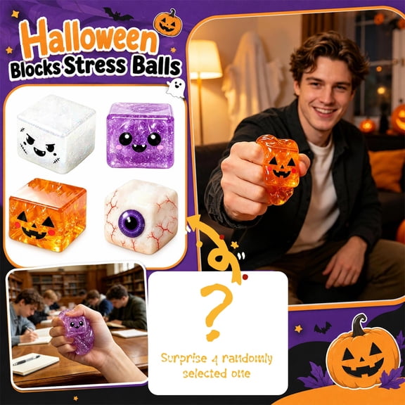 Halloween Cube Squishy Toys Mystery Blind Box, Block Spooky Cube Squeeze Fidget Toys, Slow Rebound Desk Stress Relief Accent for Office Party Favor (1 Pc, Random Design)