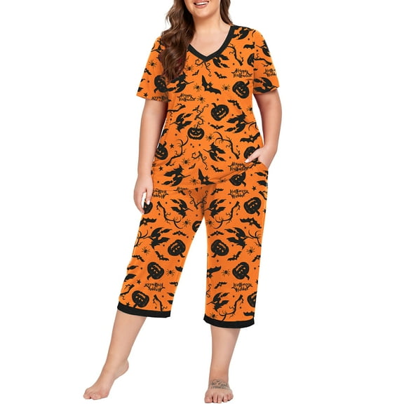 Halloween Cueply Women Plus Size Pajamas Set Short Sleeve Pjs Sleepwear Loungewear Nightwear with Pockets