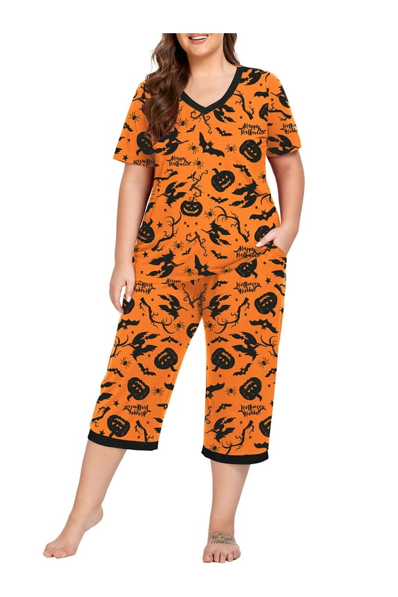 Halloween Cueply Women Plus Size Pajamas Set Short Sleeve Pjs Sleepwear Loungewear Nightwear with Pockets
