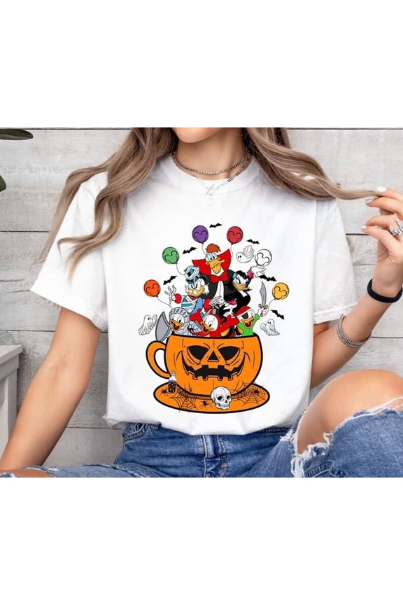 Halloween Cup DuckTales Mickey Balloons Huey Dewey Louie Tshirt Men Women ,White Color,Size L