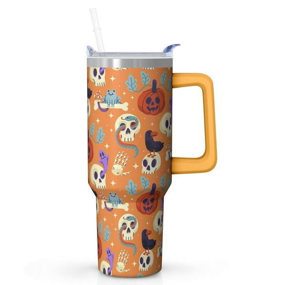 Halloween Cup, Skeleton Pumpkin Ghost Tumbler 40oz with Handle and Straw, Spooky Travel Coffee Mug