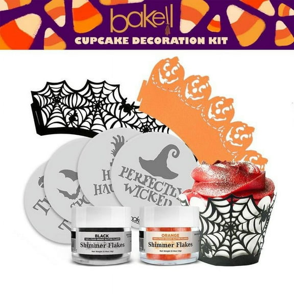 Halloween Cupcake Decorating Kit (5 PC Set) Cupcake Wrappers, Stencils and Shimmer Flakes!