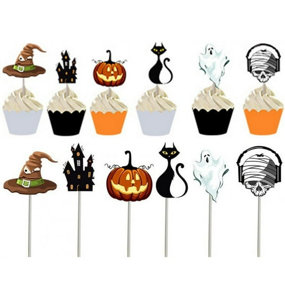 Halloween Cupcake Topper Picks Halloween Pumpkin Bat Spider Web Black Castle Ghost Cupcake Decorations for Halloween Birthday Party Favor Supplies