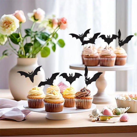 Halloween Cupcake Toppers 24PCS Black Glitter Picks Cake Decorations Dessert Toothpicks Party Supplies For Halloween Theme Party Baking Dessert Table