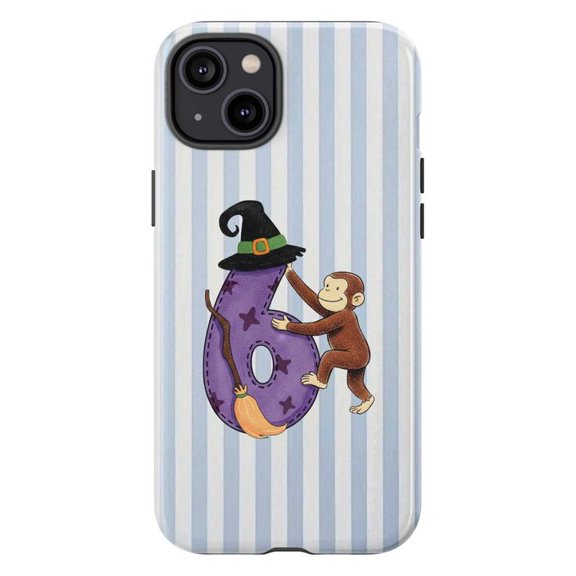 Halloween Curious Monkey Number 6 Phone Case, Cute Cartoon Animal with Witch Hat & Broom, Fun Striped Birthday Protective Cover for iPhone 17 16 15 14 13 12 11 Pro Plus Mini