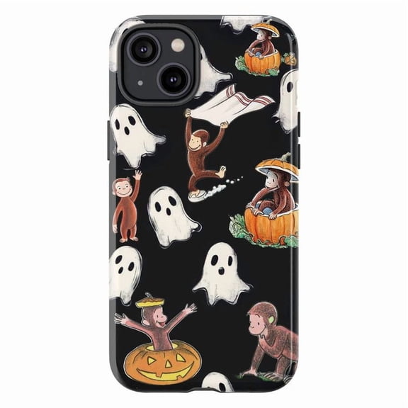 Halloween Currious Monkey iPhone Case, Cute Ghost & Pumpkin Pattern Protective Cover, Fun Fall Gift for iPhone 16 15 14 13 12 11 Pro Plus Mini