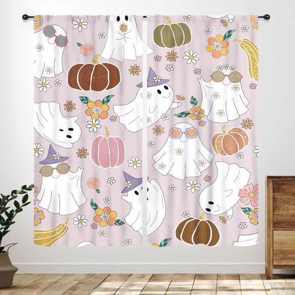 Halloween Curtain,Kids Retro Funny Ghost Cartoon Autumn Pumpkins Pink Flower Girls Nursery Home Happy Halloween Party Bedroom Living Room Kitchen Window Drapes 2 Panels,42X84 Inch