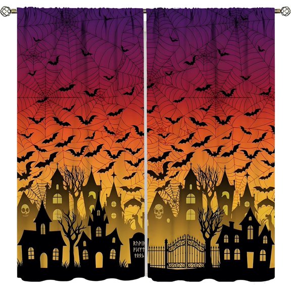 Halloween Curtain,Spider Web Bat Ghost Skull Horror Orange Purple Party Decor for Bedroom Living Room Kitchen Window Treatment 2 Panels Set Total Size 84" W X 84" L Inch