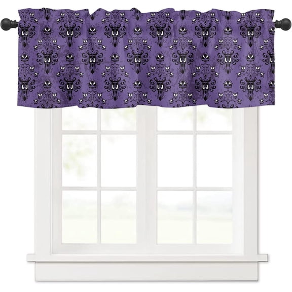 Halloween Curtain Valance for Windows Haunted Mansion Ghost Purple Rod Pocket Valance Window Treatments 1 Panel Short Curtains for Kitchen Windows Bathroom 54 x 18 inch