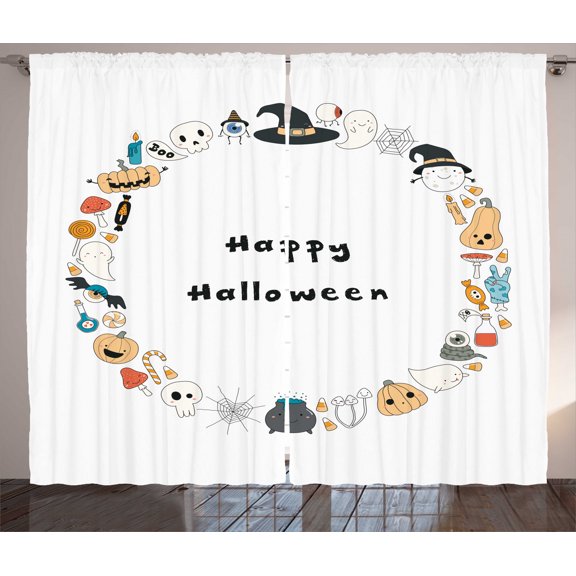 Ambesonne Halloween Curtains 2 Panel Set, Happy Halloween Sketch, 108" x 90", Multicolor