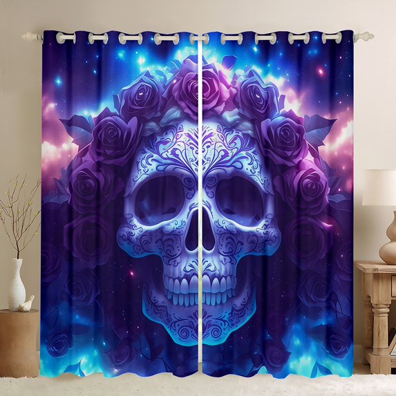 Halloween Curtains Gothic Bones Curtains & Drapes,Purple Starry Sky 30%-50% Blackout Curtains Skeleton Boho Decor Window Curtains Teens Bedroom Decor (38Wx45L) 2 Panels
