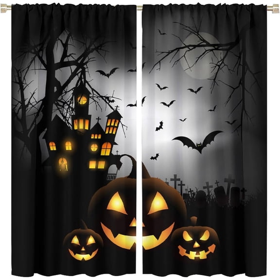 Halloween Curtains for Living Room Pumpkins Castle Moon Bat Tree Printed Decor Rod Pocket Window Drapes for Bedroom Kitchen Halloween Decor W42 xL54(Decor