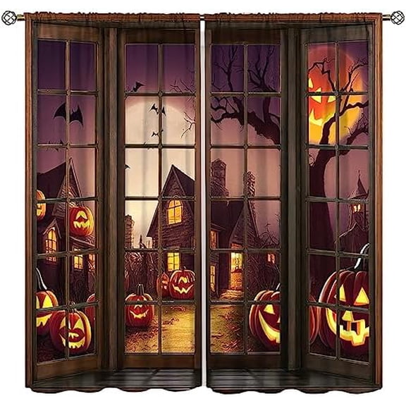 Halloween Curtains, Window Haunted House Spooky Graveyard Pumpkin Full Moon Bat Horror Forest Spooky Theme, Kids Bedroom Living Room Blackout Decorative Curtains,42X63 Inch