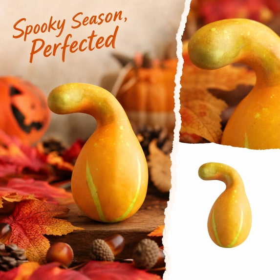 Halloween Curved Gourd Decoration with Glossy Finish and Green Stripes, Single Piece, Yellow and Green, for Dining Table Centerpiece, Fall Home Decor