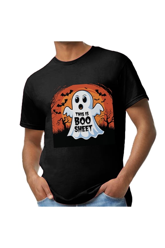 Halloween Custom T-Shirt for Men, Size S - Cute Ghost Boo Sheet Personalized Cotton Tee, Crew Short Sleeve Picture Print Black Shirt, 5.3oz