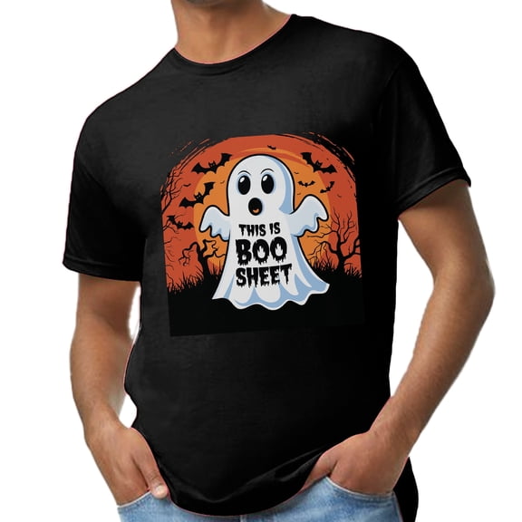 Halloween Custom T-Shirt for Men, Size XL - Cute Ghost Boo Sheet Personalized Cotton Tee, Crew Short Sleeve Picture Print Black Shirt, 5.3oz