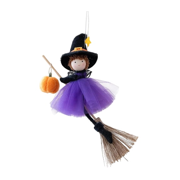 Halloween Cute Angel Girl Hanging Ornament, Plush Witch Doll with Hat and Pumpkin, Festive Holiday Decor for Home Door Window Tree Party Scene Display, Purple