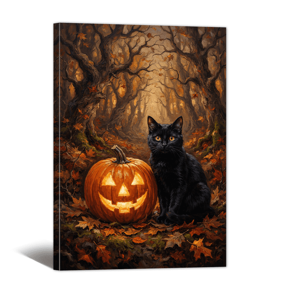 Halloween Cute Black Cat Canvas Wall Art with Pumpkin Lamp Picture Print, Vintage Abstract Artwork Rustic Painting for Living Room Bedroom Home Office Decor
