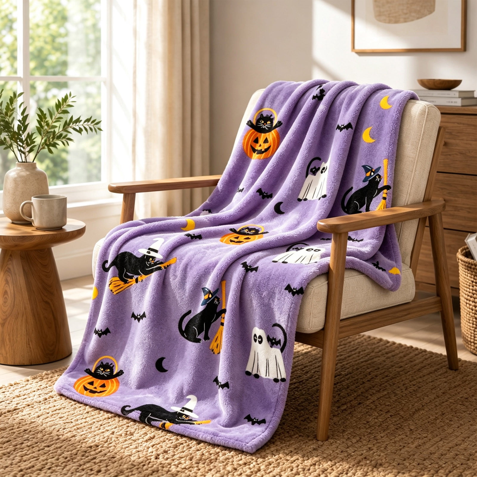 Pattern Couch Halloween Cute Black Cat Flannel Throw Blanket, Purple Pumpkin Pattern ...