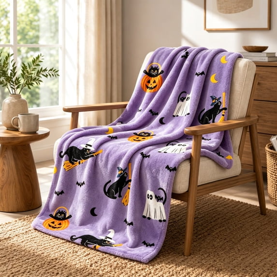 Halloween Cute Black Cat Flannel Throw Blanket, Purple Pumpkin Pattern Cozy Blanket, Holiday Decorative Throw Blanket, for Sofa, Couch, Bed, Home Halloween Decoration