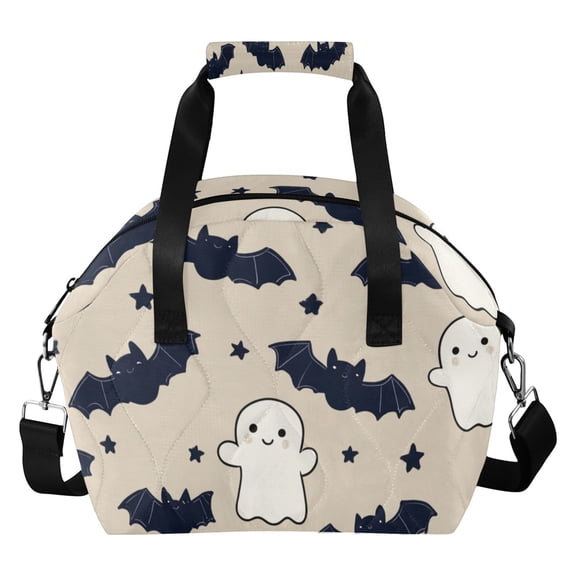Halloween Cute Cartoon Bats Stars Specters Insulated Lunch Bag Reusable Quilted Lunch Box Waterproof Leakproof Lunch Container