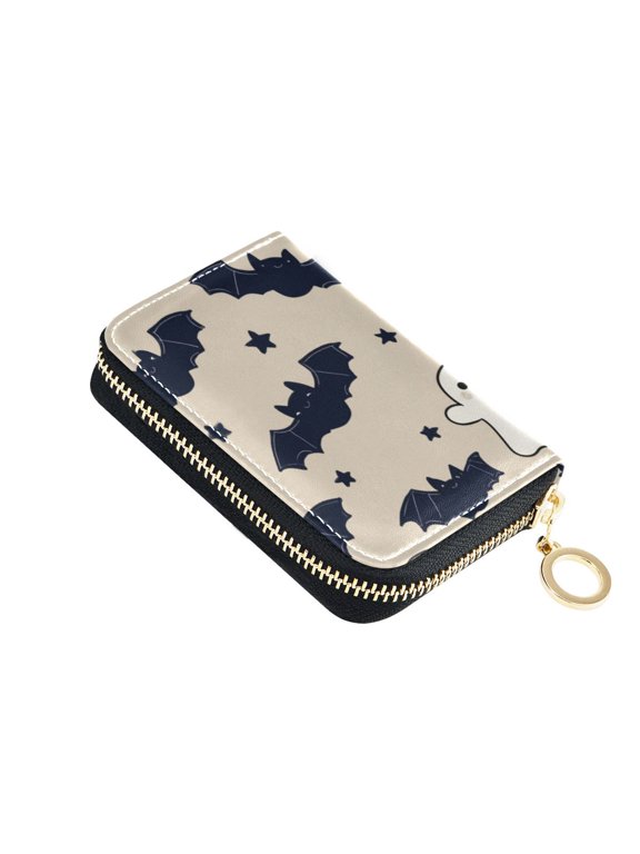 Halloween Cute Cartoon Bats Stars Specters Women's Credit Card Holder PU Leather Zipper Wallet RFID Blocking