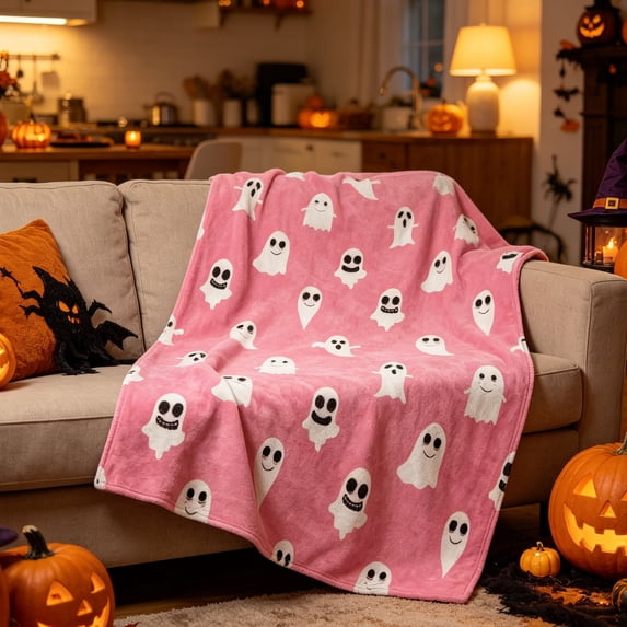 Halloween Cute Cartoon Ghost Flannel Throw Blanket 50x60 Inch, Soft Plush White Ghost Festive Blanket for Couch Sofa Bed, Cozy Lightweight Home Decor Gift for Kids Adults